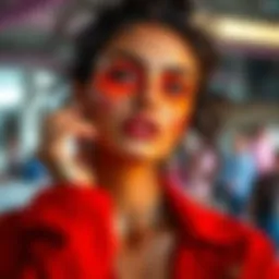 A model showcasing vibrant skin colors and chic styles for the current season.
