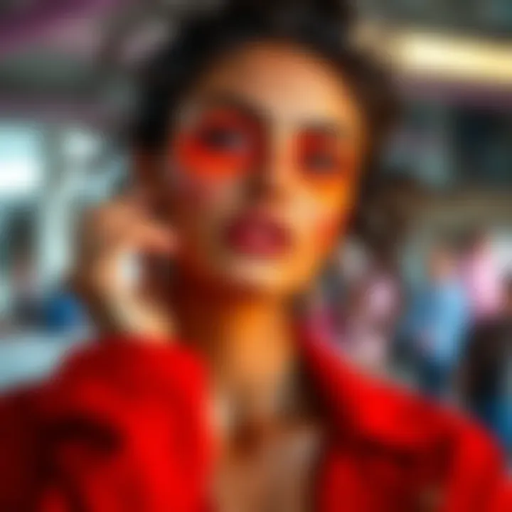 A model showcasing vibrant skin colors and chic styles for the current season.