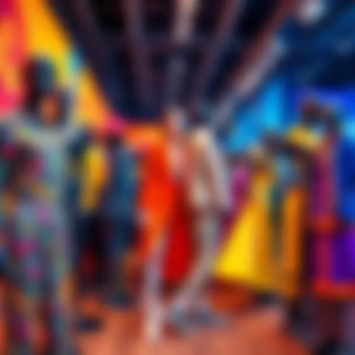 A colorful display of diverse clothing styles showcasing bold colors and sustainable materials in a vibrant setting.