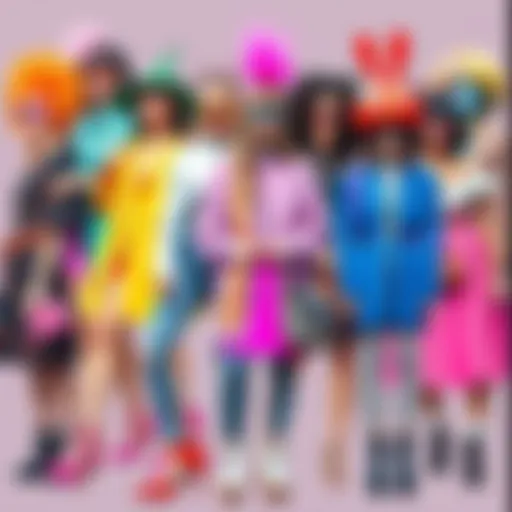 A colorful collage of various fashion styles, showcasing quirky outfits and unusual accessories, highlighting the current fashion landscape.
