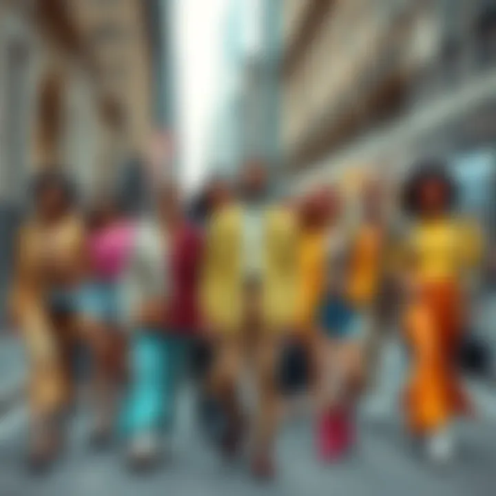 A group of diverse young people displaying the latest fashion styles, combining bright colors and unique accessories, walking down a city street.