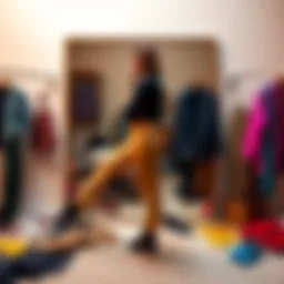 A stylish person stands in front of a mirror, contemplating their outfit. Various clothing items are scattered around, showcasing different styles and colors.