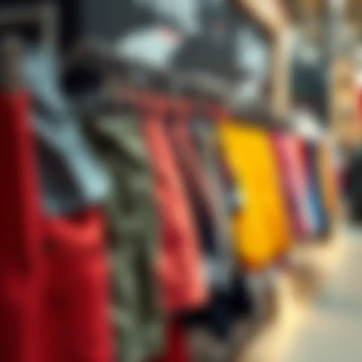 Assorted colorful shorts hanging on a rack in a store