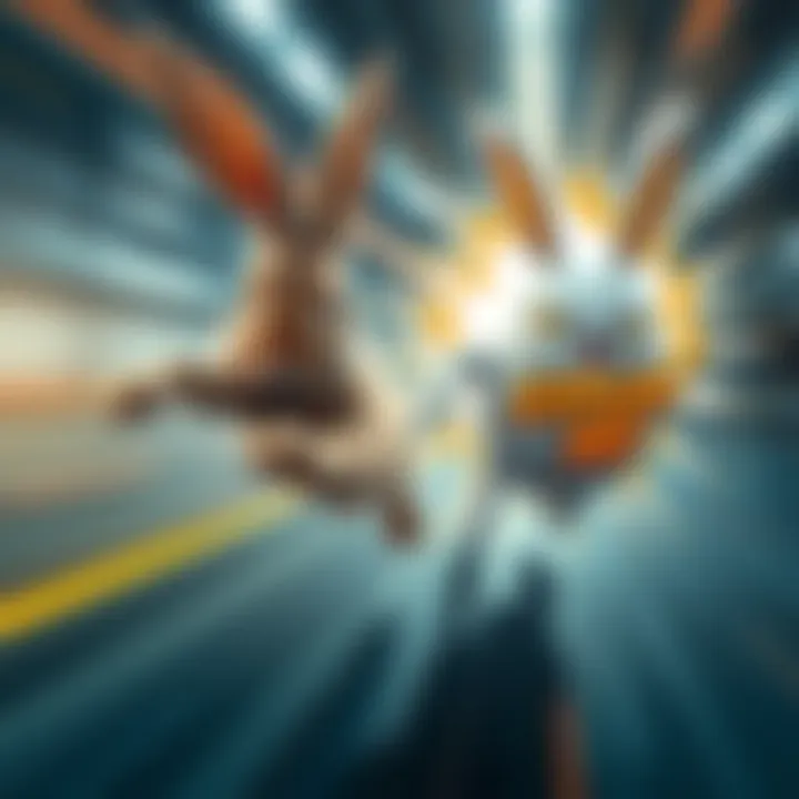A speedy rabbit racing against a cartoonish character labeled 'Explody Boi' with a burst effect behind him, symbolizing speed and agility.