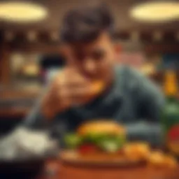 A person hurriedly eating a burger at a table, showing discomfort on their face, symbolizing the link between eating quickly and heartburn.