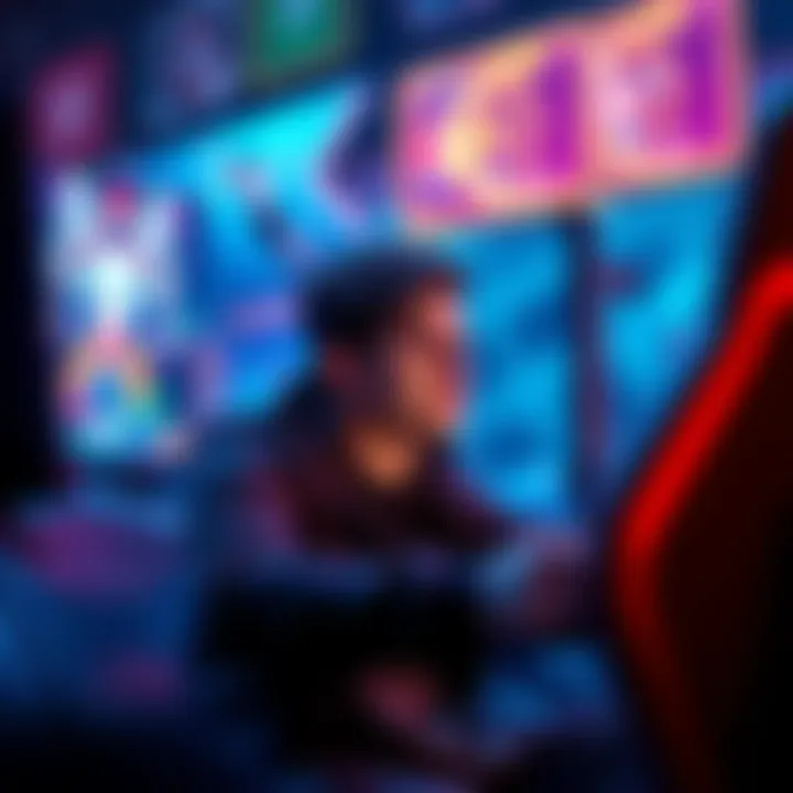 A person playing a fast-paced video game with a focused expression, surrounded by colorful graphics on the screen, showcasing action and thrill.