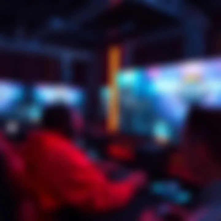 A dynamic gaming setup with players engaged in fast-paced action on screens showing Black Ops 7 and Overwatch.