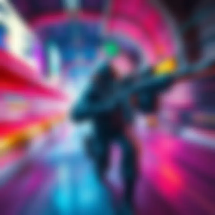 Fast-paced shooter gameplay A player in action, moving quickly through a colorful game environment with weapons drawn, showcasing high-energy shooting and movement mechanics.