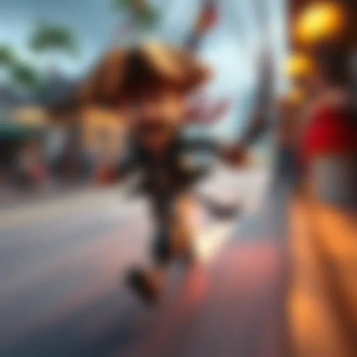 A pirate character hurries through an animated scene, displaying quick movements and actions, emphasizing speed in gameplay.