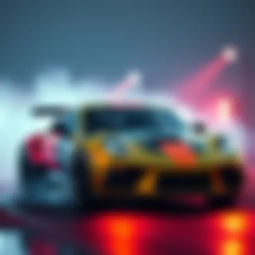 A vibrant and sleek B Class BRAT car, designed for speed, is showcased with excitement before an intense race event.