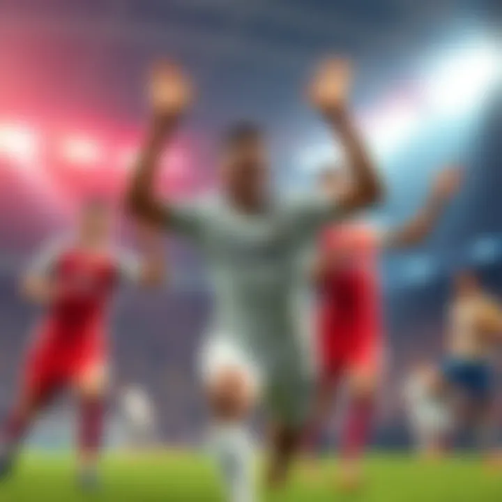 Fastest Goal Celebration A player joyfully celebrating after scoring the quickest goal right after entering the match, surrounded by teammates.