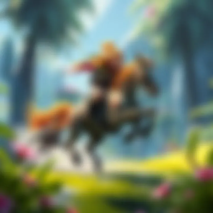 A vibrant image showing the fastest mount from Horizon Forbidden West racing through a lush environment, with a clawstrider in the background to compare speed.