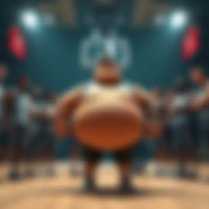 Fat Peter ready to join the game Fat Peter, a large character with a determined expression, stands on a basketball court surrounded by supportive teammates, showing unity and determination.
