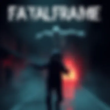 Screen from Fatal Frame Game Series Scene showcasing a dark, spooky environment typical of Fatal Frame games, with a ghostly figure in the background and a character holding a camera to capture spirits.