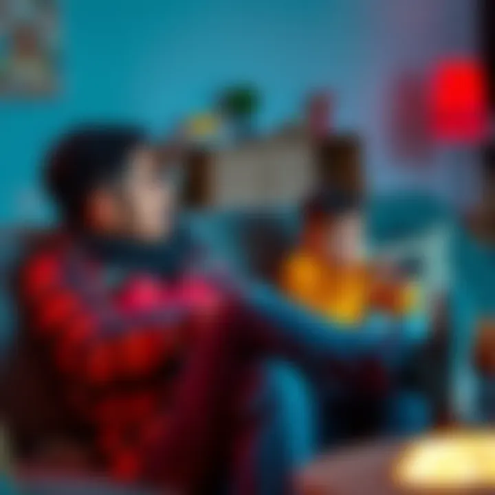 Father and child gaming together A father and child sitting on a couch, playing a video game together, both focused on the screen with a gaming console in hand.