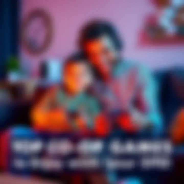 A father and child sitting on a couch, smiling while playing co-op video games on a console, showcasing a casual gaming environment