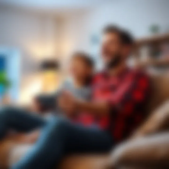 A dad and his child happily playing co-op video games on a couch, sharing laughs and snacks