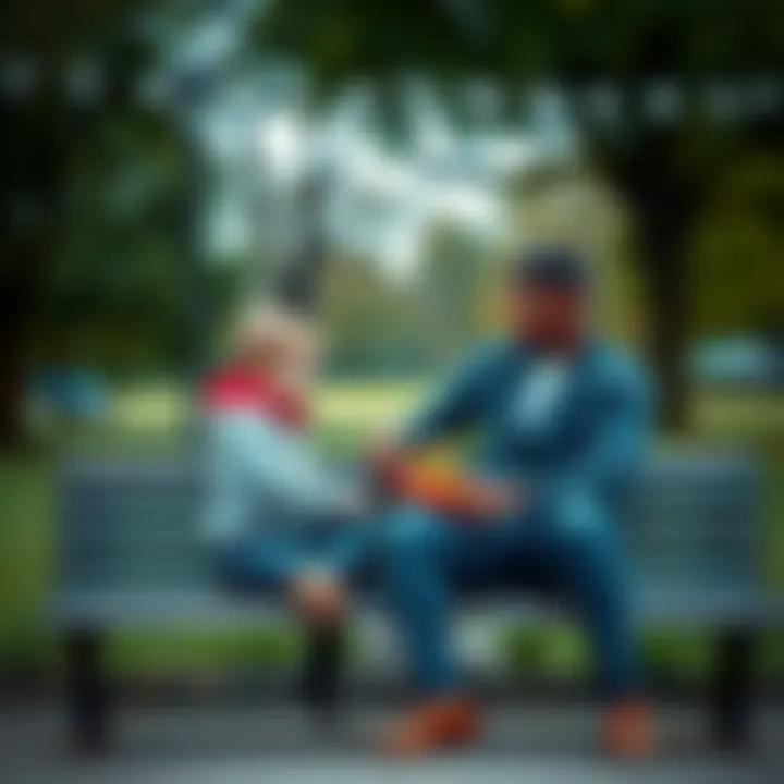 A father and child sitting on a park bench, the father looks concerned while observing his child play with toys, reflecting questions about parenting methods.