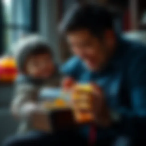 A father surprises his child with a time capsule, both smiling and looking at the treasures inside