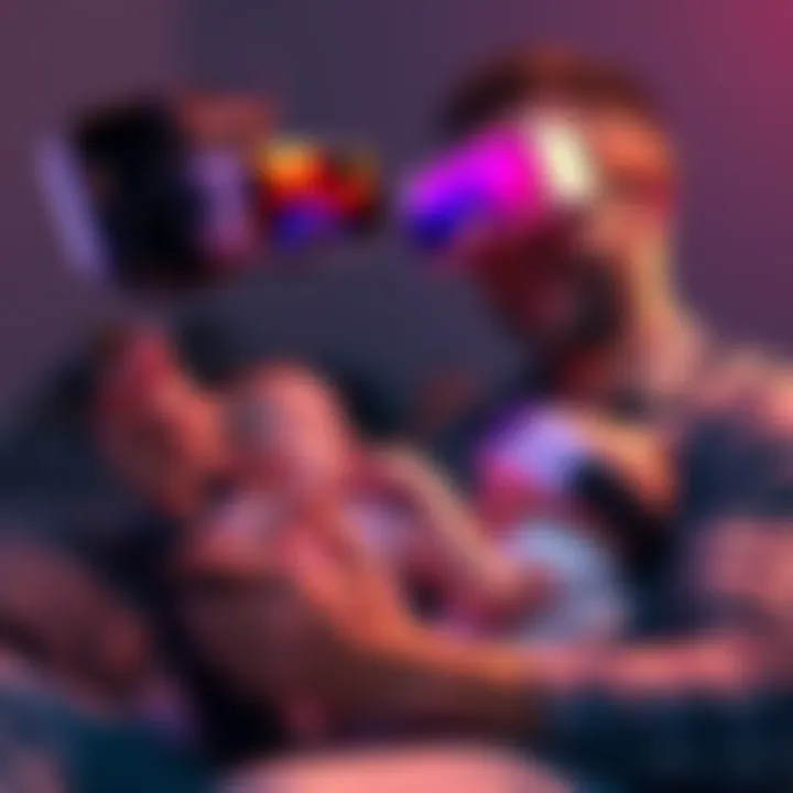 Father gaming with XR glasses New father playing video games with XR glasses while holding his baby