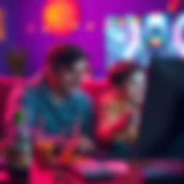 A father and his teenage son engrossed in a video game, smiling and reacting to the screen, surrounded by snacks and drinks, highlighting their bonding moment during an all-night gaming session.