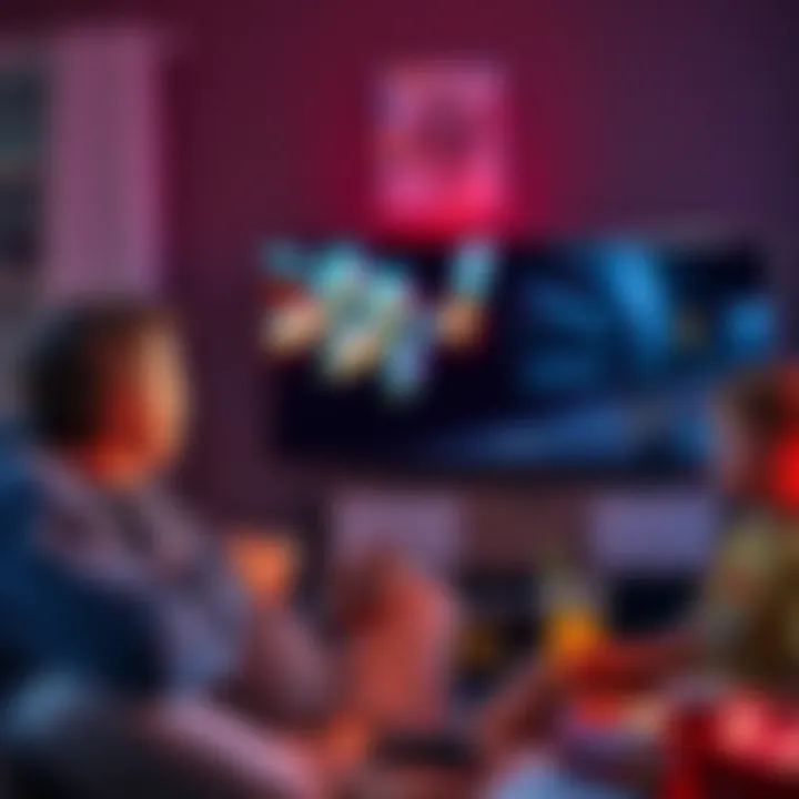 A dad and his son playing a simple first-person shooter game on a couch, with console controllers in hand and a television displaying gameplay, surrounded by snacks and drinks.