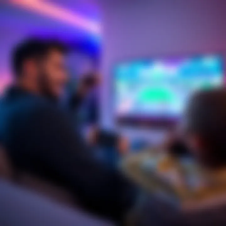 Father and son playing video games together A father and son enjoying a split-screen video game session on the couch, with game controllers in hand and a large screen displaying colorful gameplay, creating a fun bonding moment.