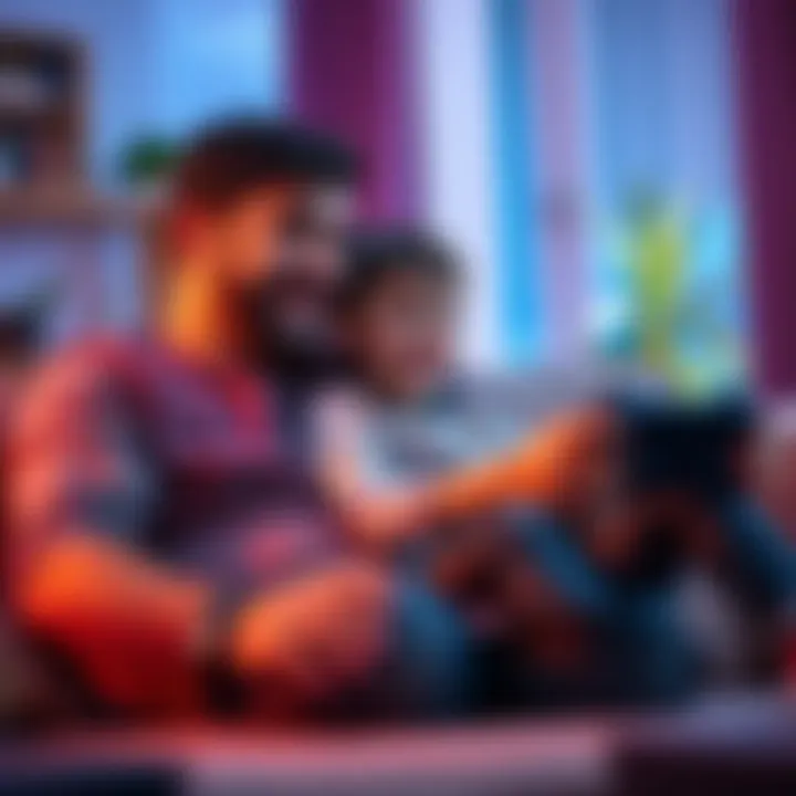 Father and son playing video games together A man and his 7-year-old son enjoying co-op video games on a couch, smiling and engaged in the game