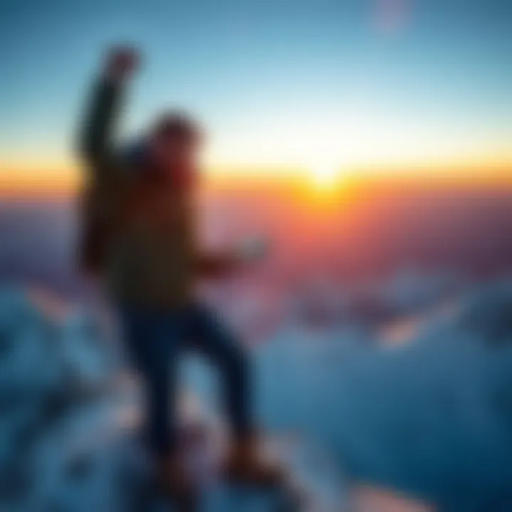A dad and child celebrating at a mountain peak with a smartphone, showcasing an email purchase of a steam frame.