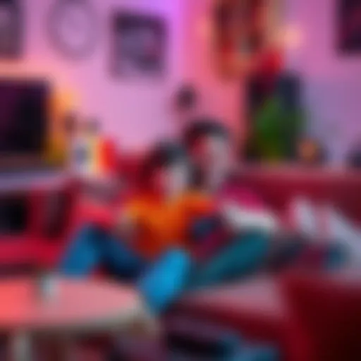 A father and his child sit together on a couch, smiling while playing Arcriders on a game console. The room is cozy and filled with gaming gear.