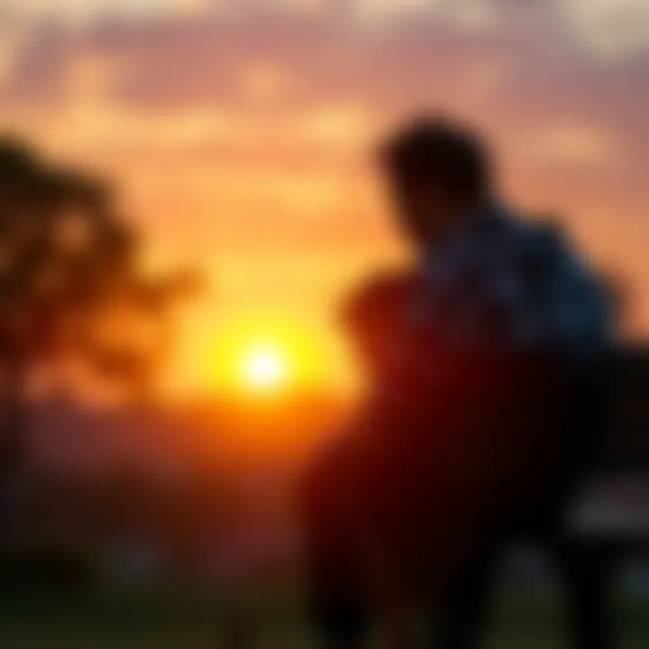 A father and child sit on a park bench, deep in thought, with a sunset in the background, symbolizing regret and the hope for reconciliation.