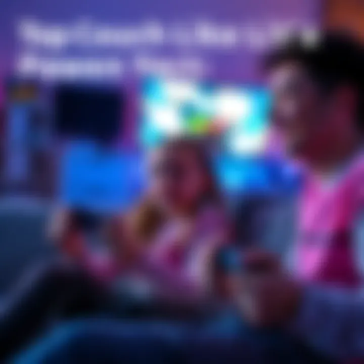 A father and his young daughter enjoying a couch co-op video game, smiling and focused on the screen, with game controllers in their hands.