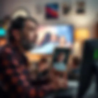 Father upset over lost account A father looks at a computer screen with a sad expression, holding a picture of his child. The background shows a blurred image of gaming consoles and family photos.