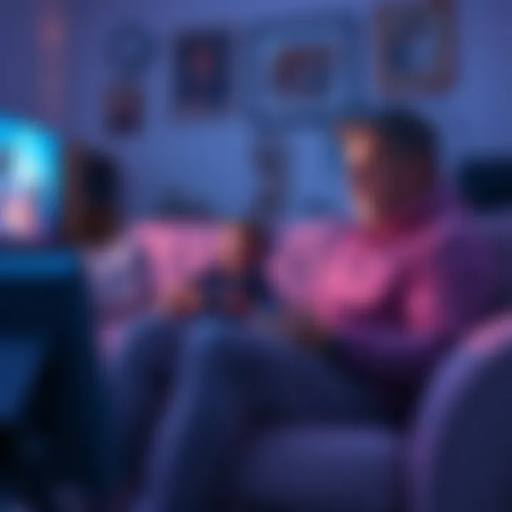 A father sitting on a couch, immersed in playing ARC Raiders, showing a mix of concentration and frustration, with family photos in the background.