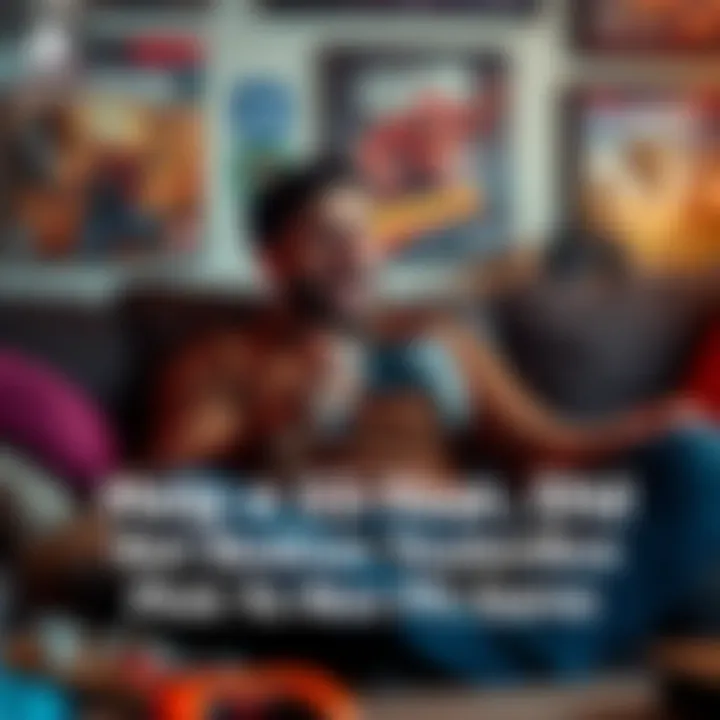 A dad sitting on a couch with a PS5 controller, looking excited while playing a video game, surrounded by gaming posters and toys.