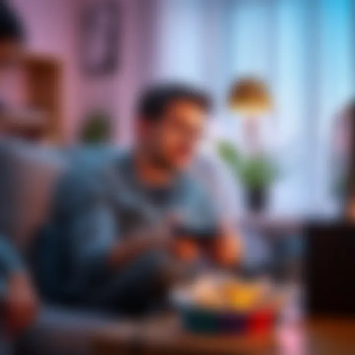 A busy father immersed in a video game on a couch, with snacks on a table and a game console nearby.