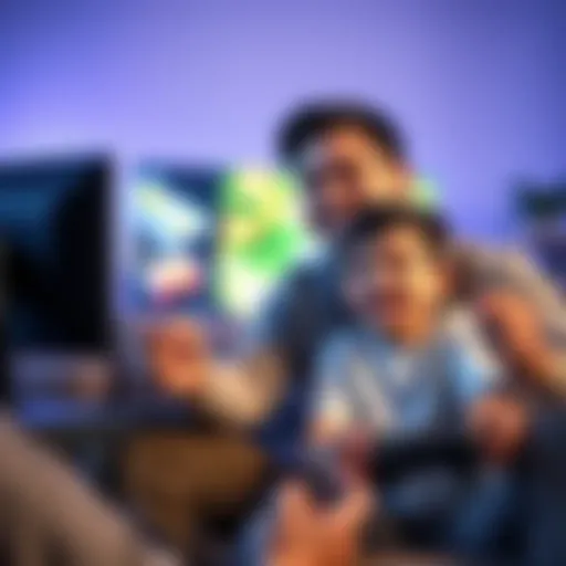 A father and his second-grade son enjoying time gaming on a console, surrounded by game controllers and a colorful screen, smiling and engaged in the game.