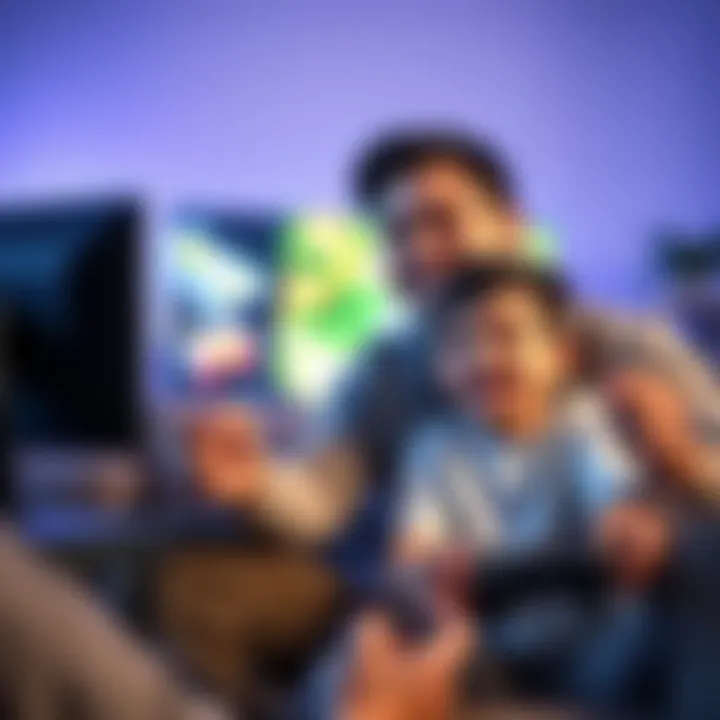 A father and his second-grade son enjoying time gaming on a console, surrounded by game controllers and a colorful screen, smiling and engaged in the game.