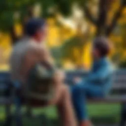 Father and Son Sharing Life Lessons A father sitting on a park bench talking to his son, sharing important life lessons and experiences, showing a bond of understanding and mentorship.