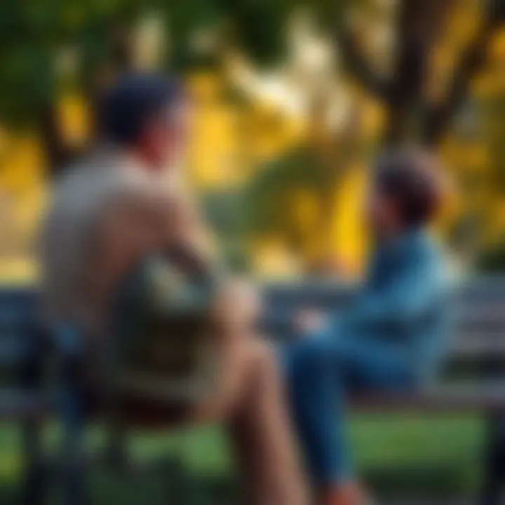 Father and Son Sharing Life Lessons A father sitting on a park bench talking to his son, sharing important life lessons and experiences, showing a bond of understanding and mentorship.