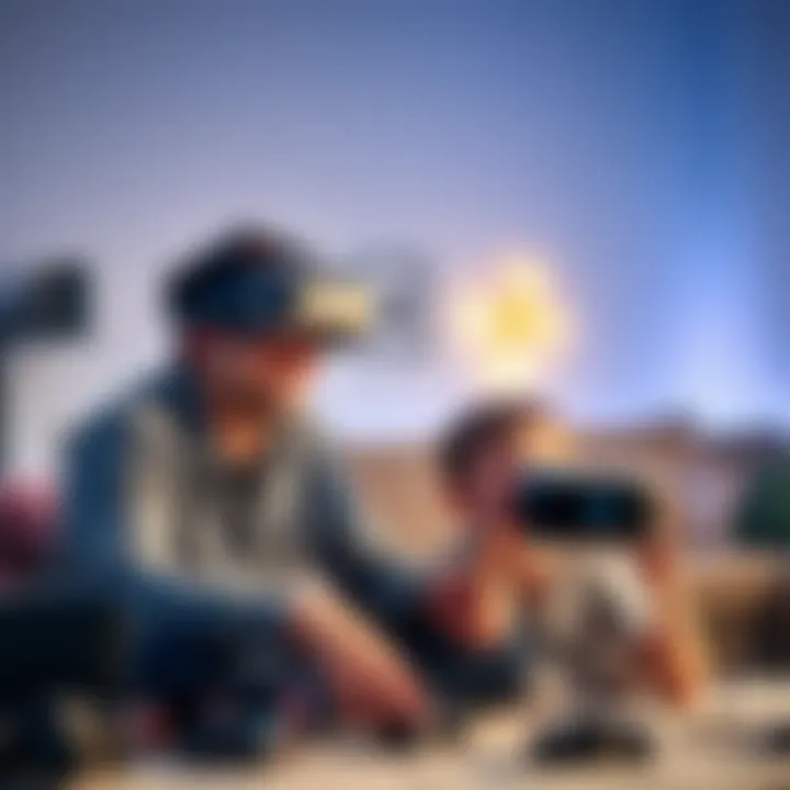 A father watches his 12-year-old son excitedly playing with the PSVR2 headset on, surrounded by gaming accessories