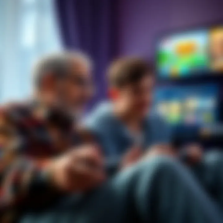 An older man and his son enjoying games on a Steam Deck, with classic game graphics visible on the screen.