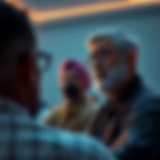 A father addresses a group, urging for calm communication during a discussion.