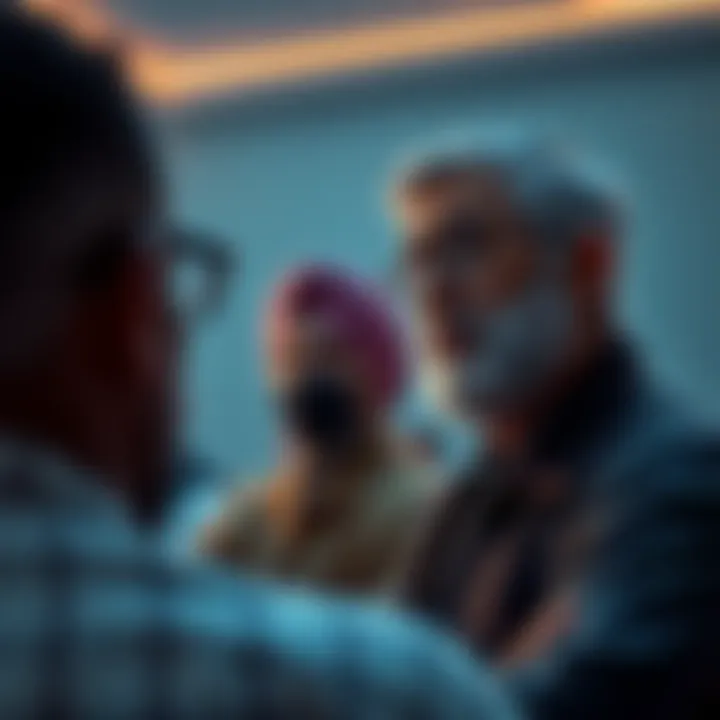 A father addresses a group, urging for calm communication during a discussion.