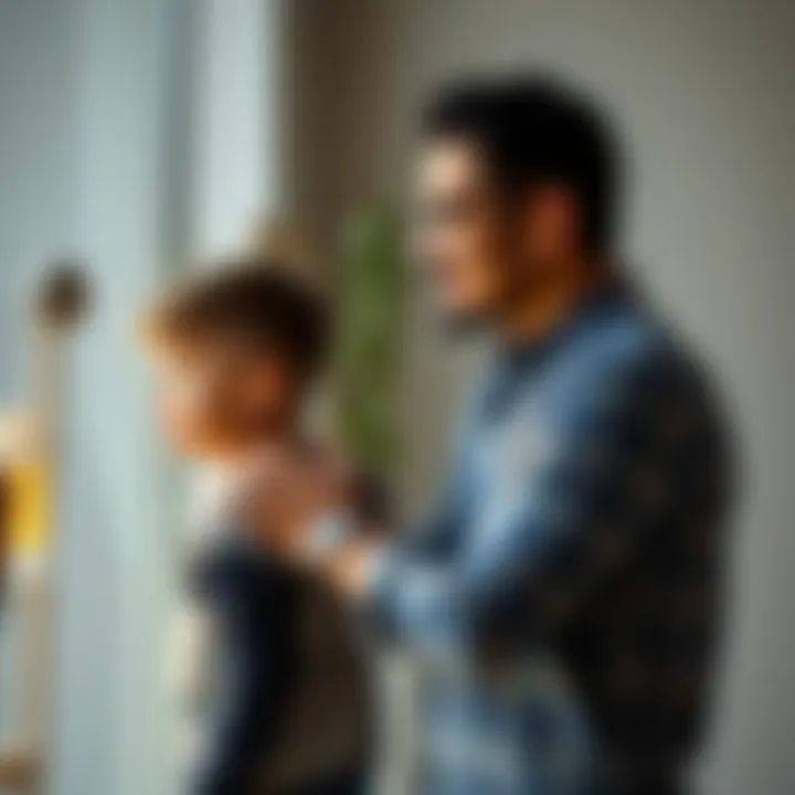 Father supporting son A father stands beside his young son, who is looking thoughtfully at a wall, symbolizing acceptance and support in parenting. The father has a gentle smile as he encourages his son, highlighting the u...