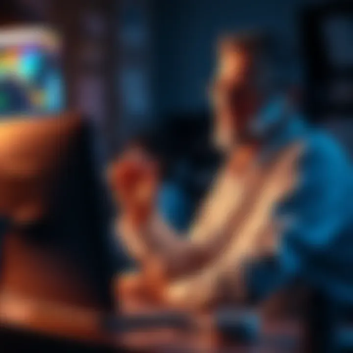 A father calls a tech expert on the phone while sitting at a computer, concerned about his son's tech issues.