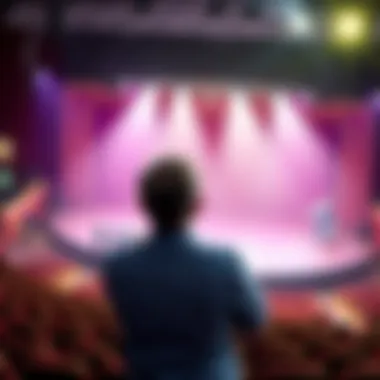 A worried father stands with arms crossed, gazing at a stage with empty seats, symbolizing the show's struggles.