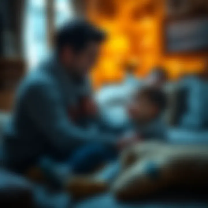 Father and child bonding moment A father playing with his child in a warm, cozy living room, showcasing love and devotion.