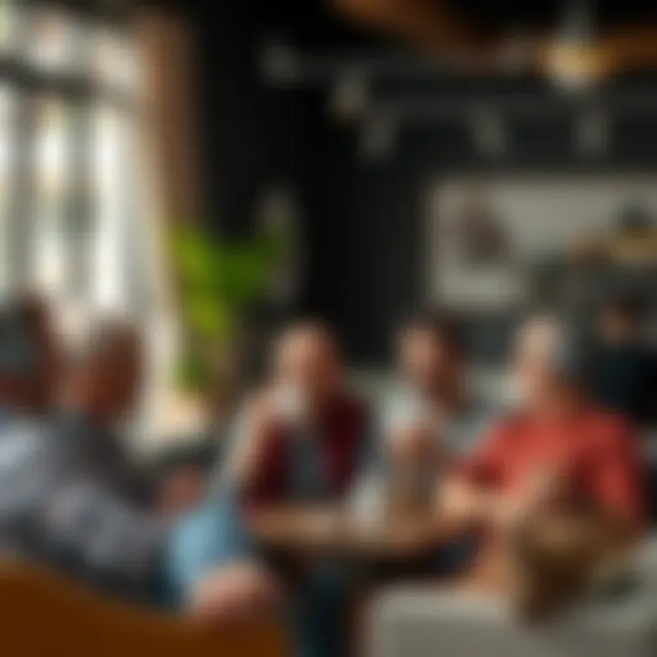 A group of fathers sitting together, sharing parenting tips and experiences over coffee in a casual setting.