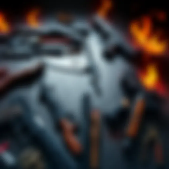 A collection of top weapons from the Resident Evil series including guns and melee weapons, surrounded by iconic game elements.